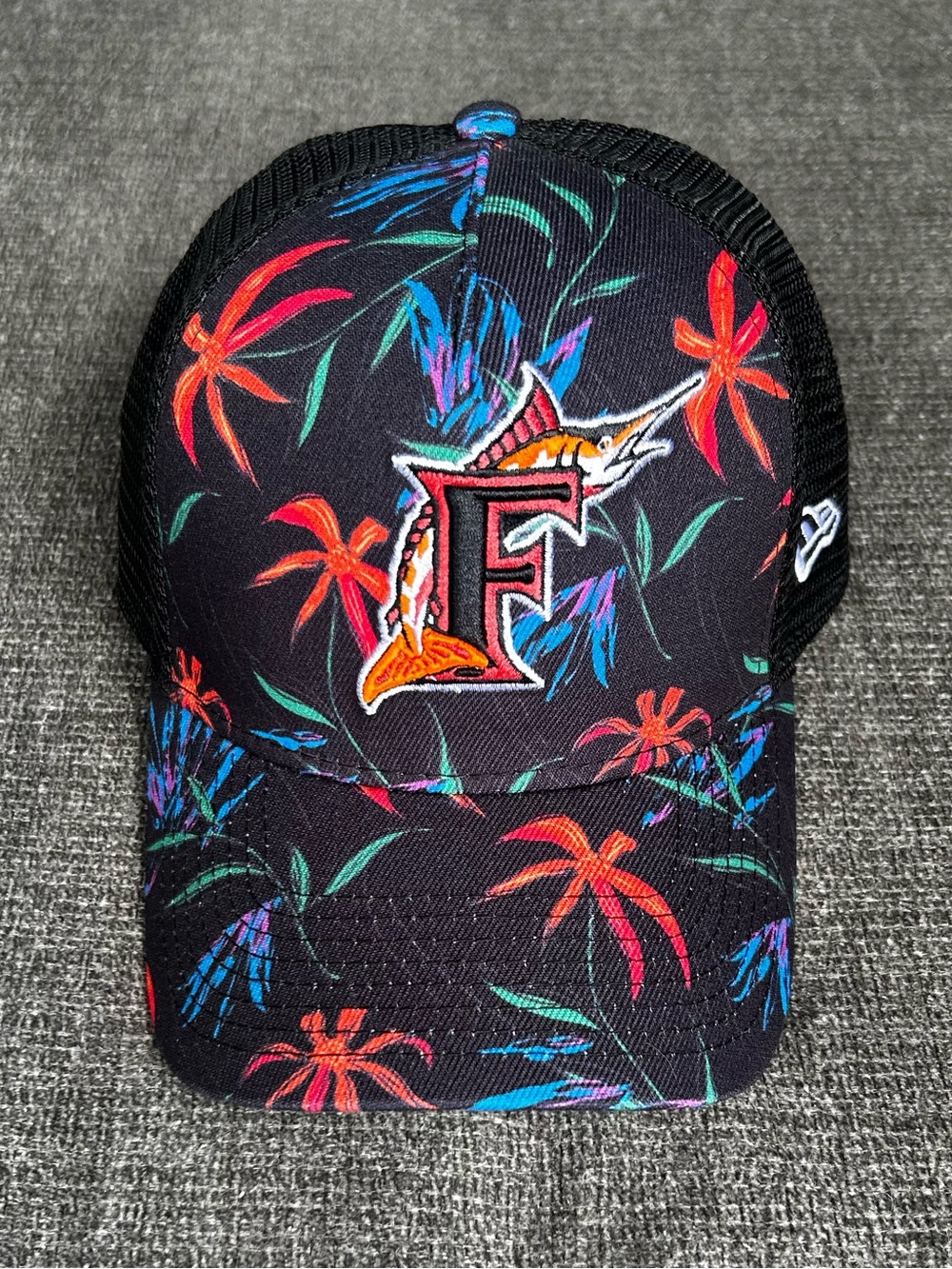 New Era Floral Marlin Trucker Hat - Black with Red & Orange Accents